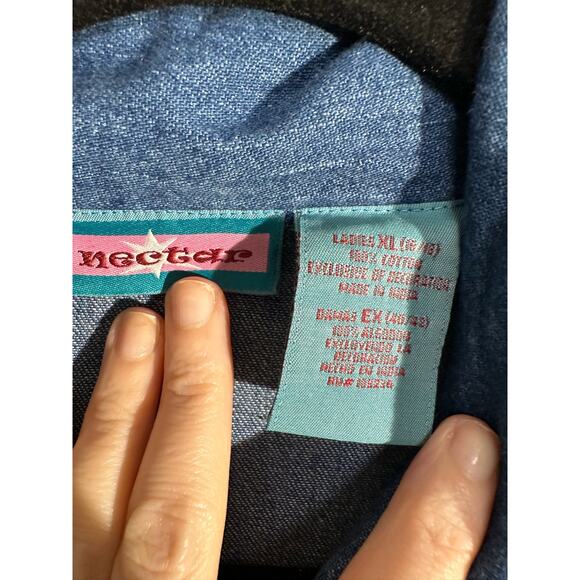 90s Vintage Jacket Womens Large Denim Floral Embroidered Boho Cottage Button - Picture 2 of 9